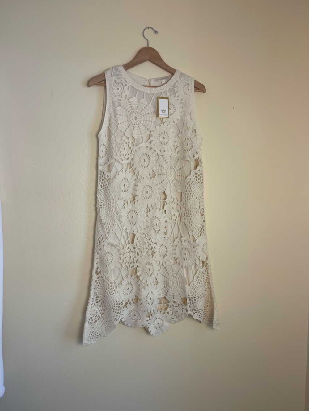 Boho Ivory Crochet Lace Shift Dress XL Lined Open Knit Coastal Wedding Guest - Picture 2 of 14